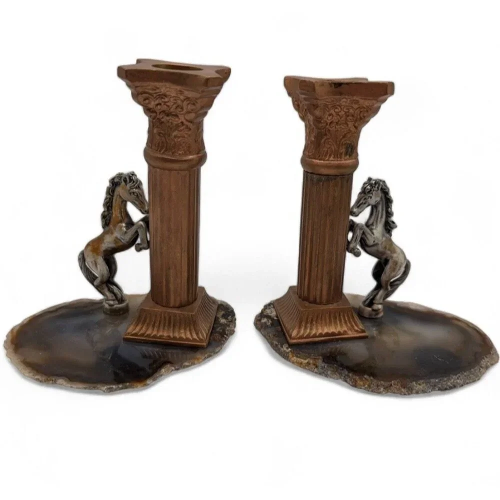 Vintage Horse Column Candle Holders with Agate Bases - 5.5